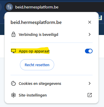 Chrome site-instellingen met de schakelaar “Apps op apparaat” ingeschakeld