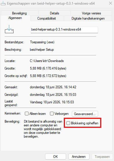 Venster Bestandseigenschappen met de optie Blokkering opheffen aangevinkt